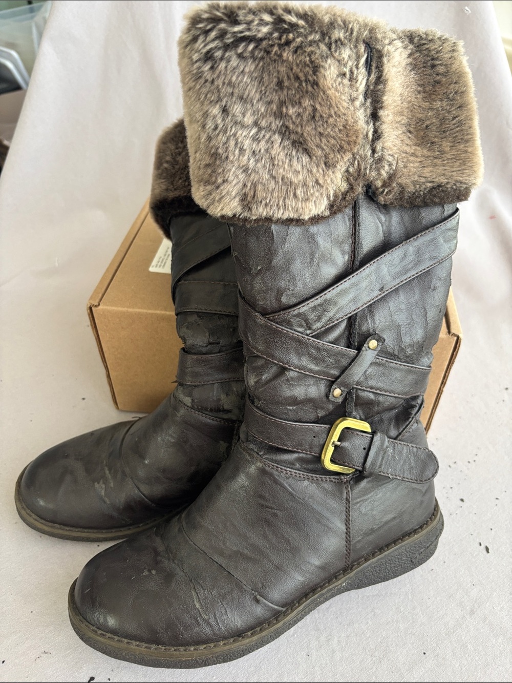 Faux Fur-Trim Brown Women's Winter Boots